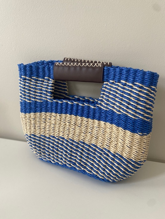 Scoop Handbags - Scoop Nantucket Blue and Cream Woven Tote with Brown Handle
